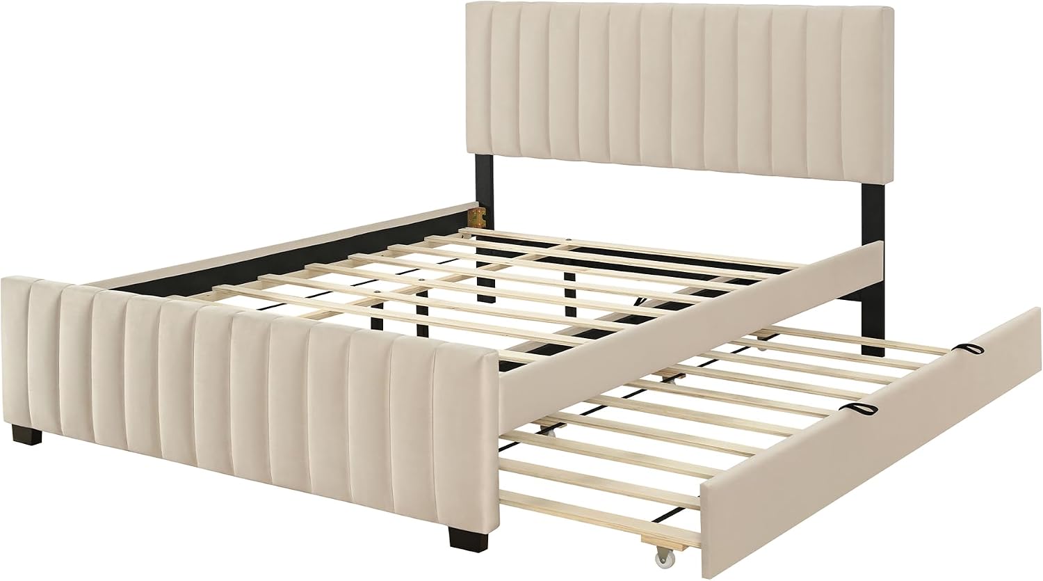 VilroCaz Modern Queen Size Velvet Upholstered Platform Bed with Twin Size Trundle Bed, Channel Tufted Headboard and Footboard, Sturdy Slats Support (Beige-5.25)