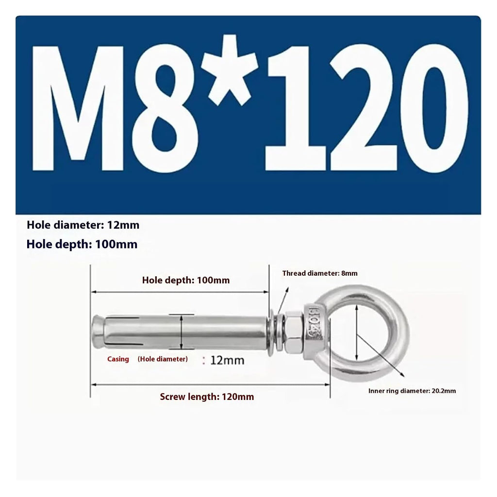 Anchor Bolts,Expansion Bolt, 5Pcs Stainless Steel Universal Ring Expansion Screw Sleeve Anchor Concrete Eye Bolt Installation Artifact Long Hook(M8*120MM)