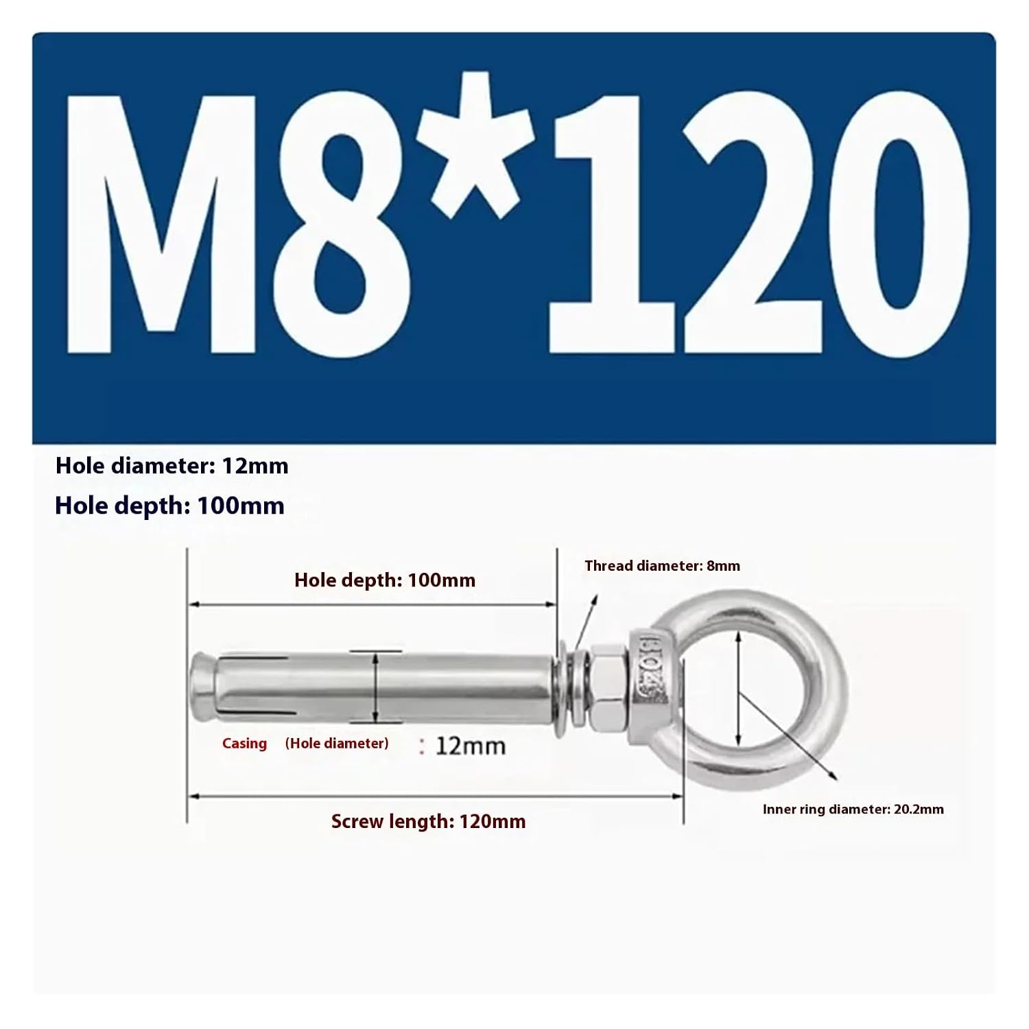 Anchor Bolts,Expansion Bolt, 5Pcs Stainless Steel Universal Ring Expansion Screw Sleeve Anchor Concrete Eye Bolt Installation Artifact Long Hook(M8*120MM)