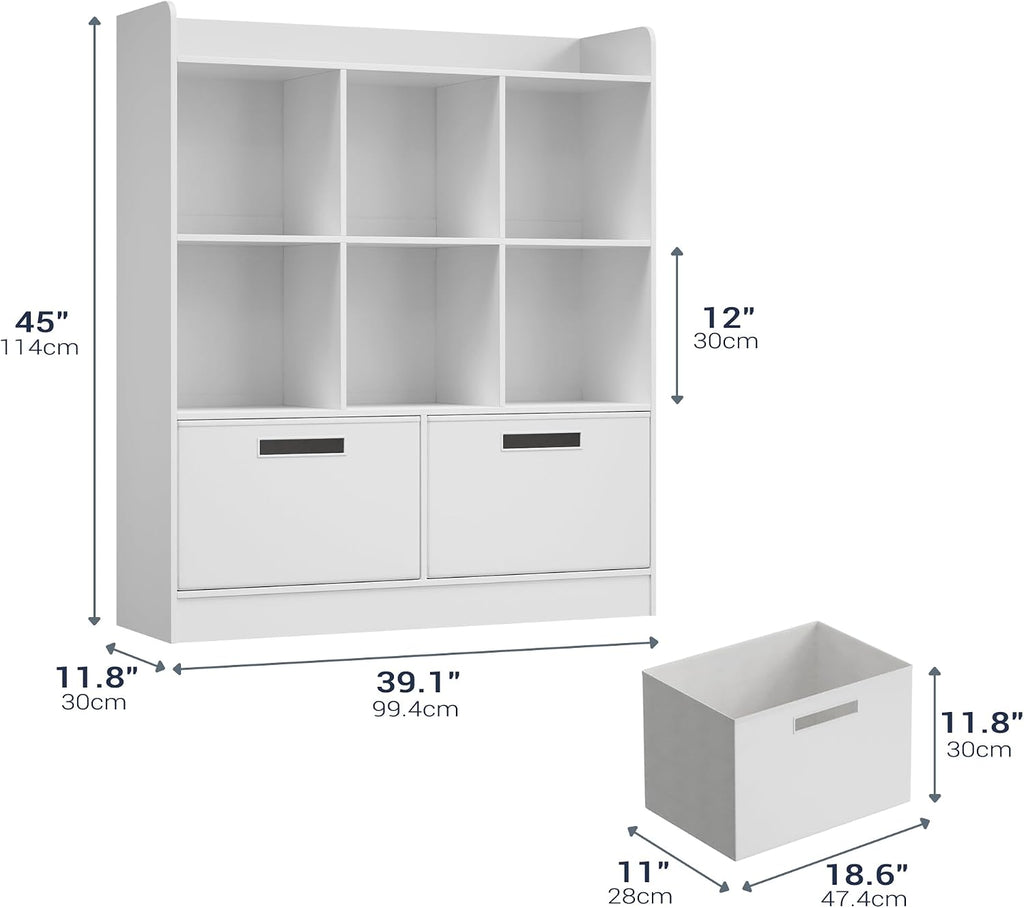 Housoul 8 Cube Kids Bookshelf with Fabric Drawers, 3-Tier Wooden Open Shelf Bookcase, Freestanding Book Shelves, Kids Bookcase Cubby Storage Organizer for Living Room, Office, White