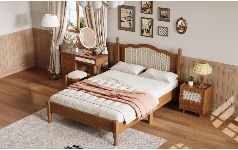3 Pieces Bedroom Set with Full Size Wooden Bed Frame, 1 Vintage Nightstand and 1 Makeup Vanity Set with Stool,Black (Walnut + Wood + Full + 3 Piece Set)