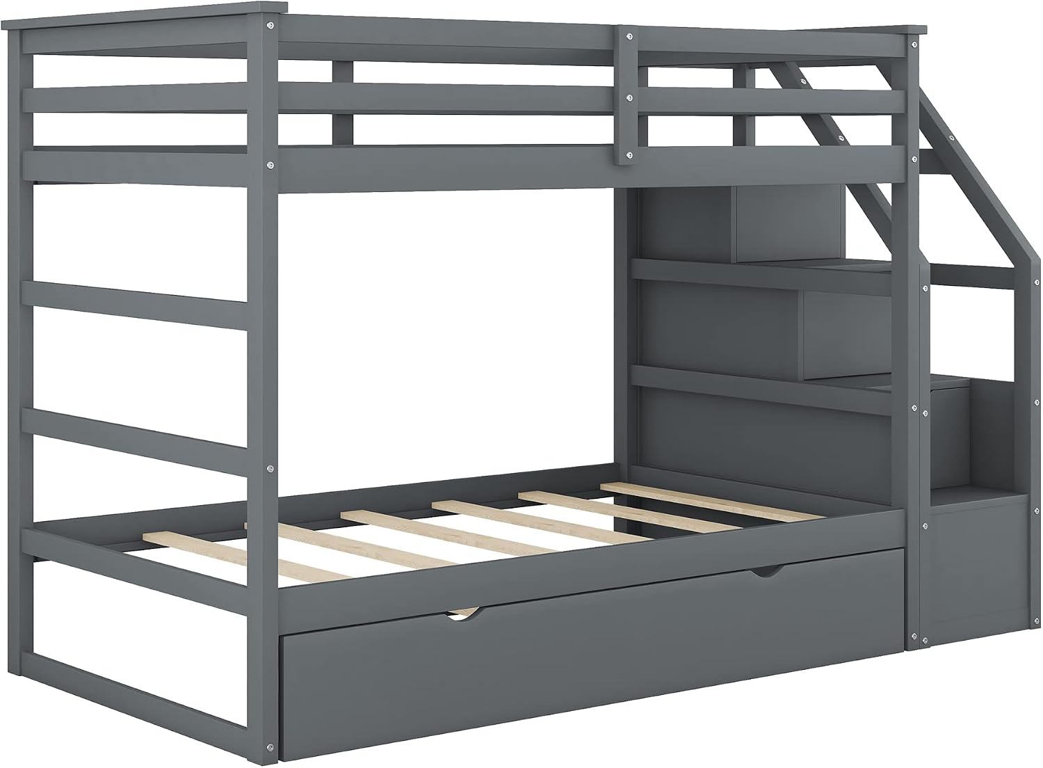 Harper & Bright Designs Twin-Over-Twin Bunk Bed with Twin Size Trundle and 3 Storage Stairs, Trundle Bunk Bed, Staircase Can be Installed on Right or Left Side (Gray)