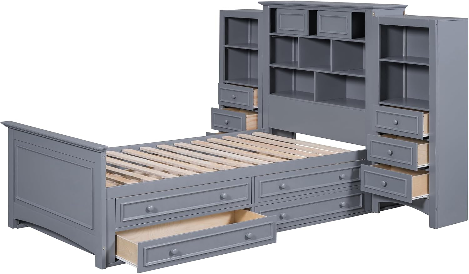 Twin Size Platform Bed with All-in-One Vertical Cabinet Bookcase, Solid Wood Captain's Bed Platform Bed Frame with 4 Drawers on Each Side, Storage Headboard (Grey-A)