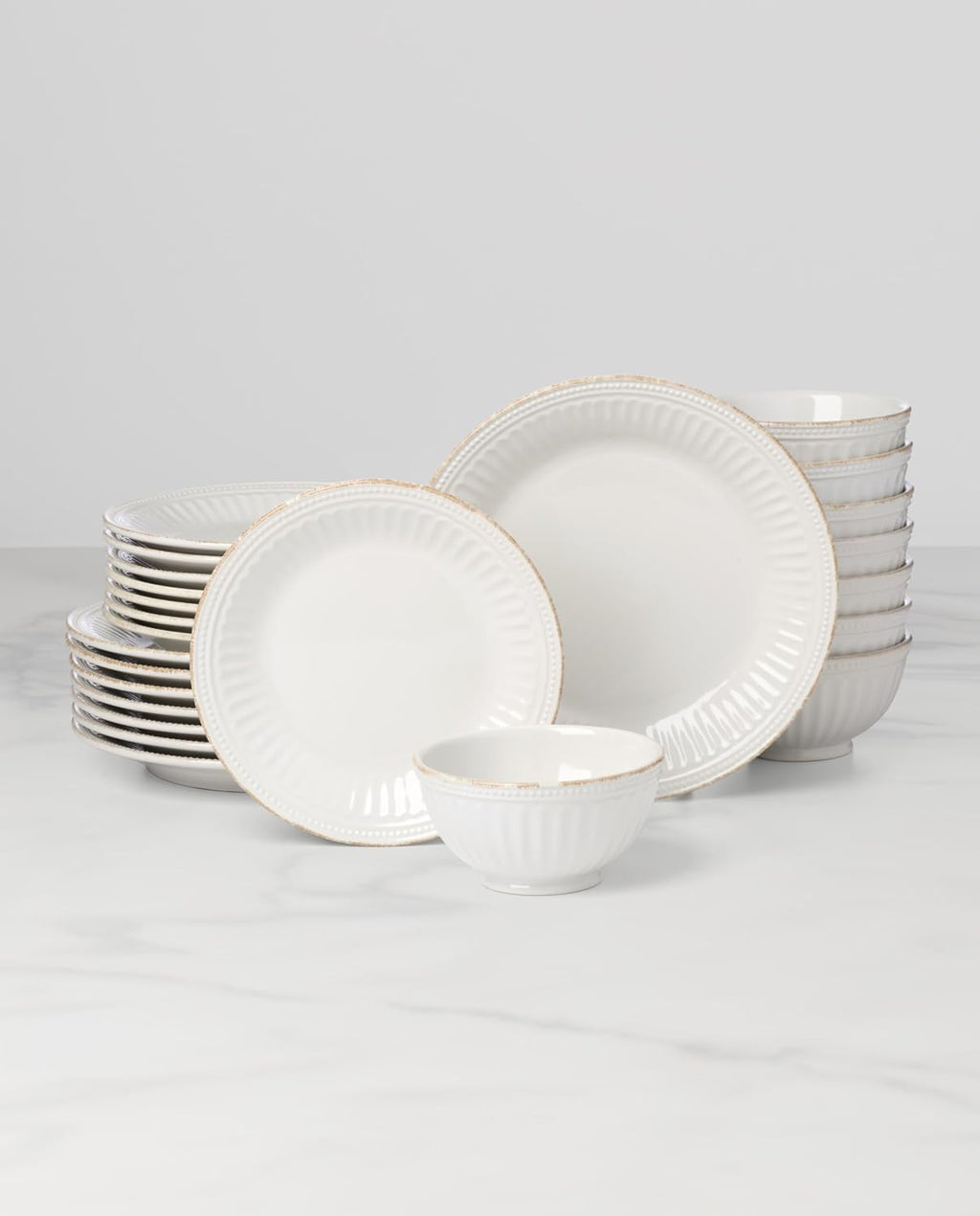 Lenox Dinnerware Sets, French Perle Groove White 24-Piece Dinnerware Set, Service For 8, Stoneware, Dishwasher Safe, Microwave Safe, Bowls, Plates And Bowls, Dinner Dishes, Plates (White, 24 Piece)