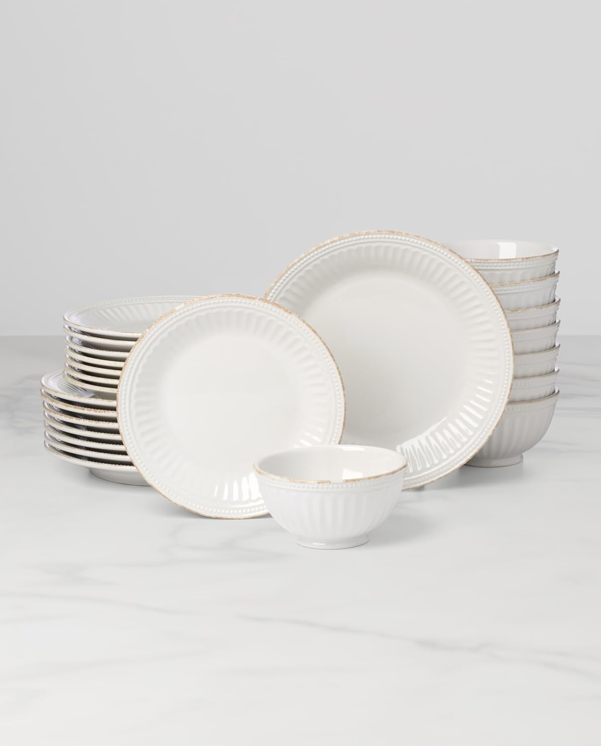 Lenox Dinnerware Sets, French Perle Groove White 24-Piece Dinnerware Set, Service For 8, Stoneware, Dishwasher Safe, Microwave Safe, Bowls, Plates And Bowls, Dinner Dishes, Plates (White, 24 Piece)