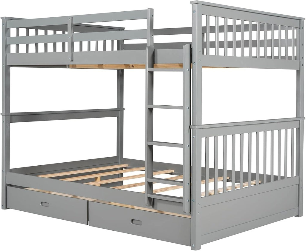 Bed Frames for Kids, Grey Bedding Set Full Over Full with 2 Drawers Ladder and Rail Guard Solid Wood Slats Bunk Bed for Boys and Girls Bedroom
