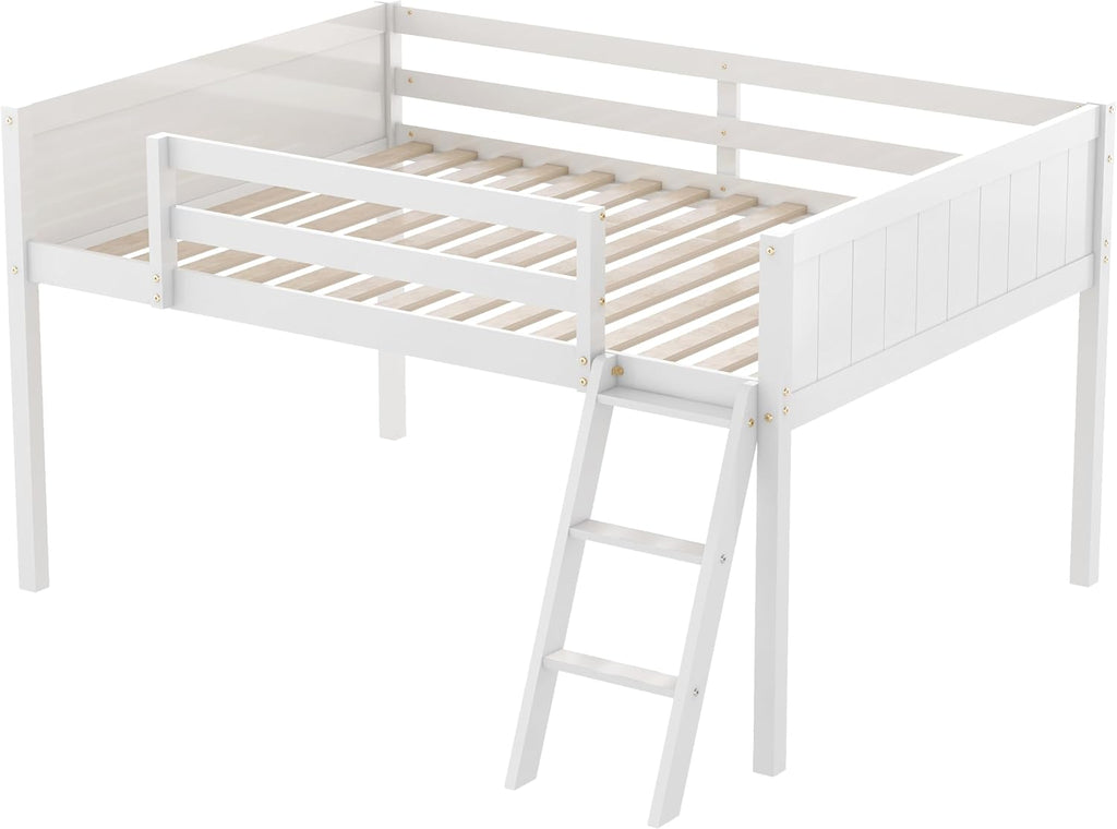 JIVOIT Full Size Low Loft Bed, Wooden Loft Bed with Convertible Ladder, Ladder can be Placed on The Left or Right, Full-Length Guardrails, No Box Spring Required (White & Convertible Ladder,Full)