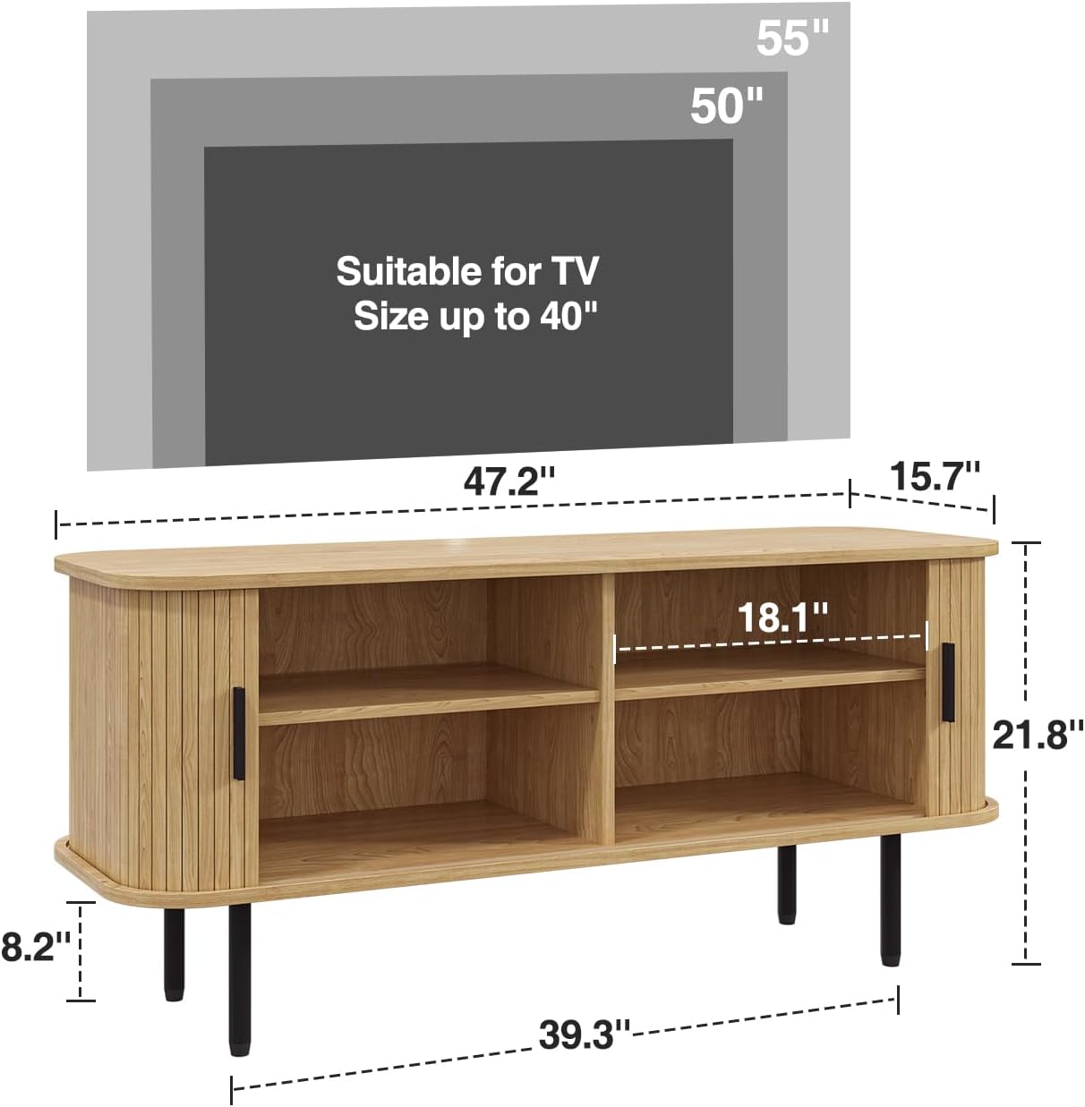 FiveWillowise 47' Natural Fluted TV Stand for TVs up to 60 Inch, Gaming Entertainment Center with Tambour Slatted Sliding Doors and Storage Cabinet, Media TV Consoles Table for Living Room, Office