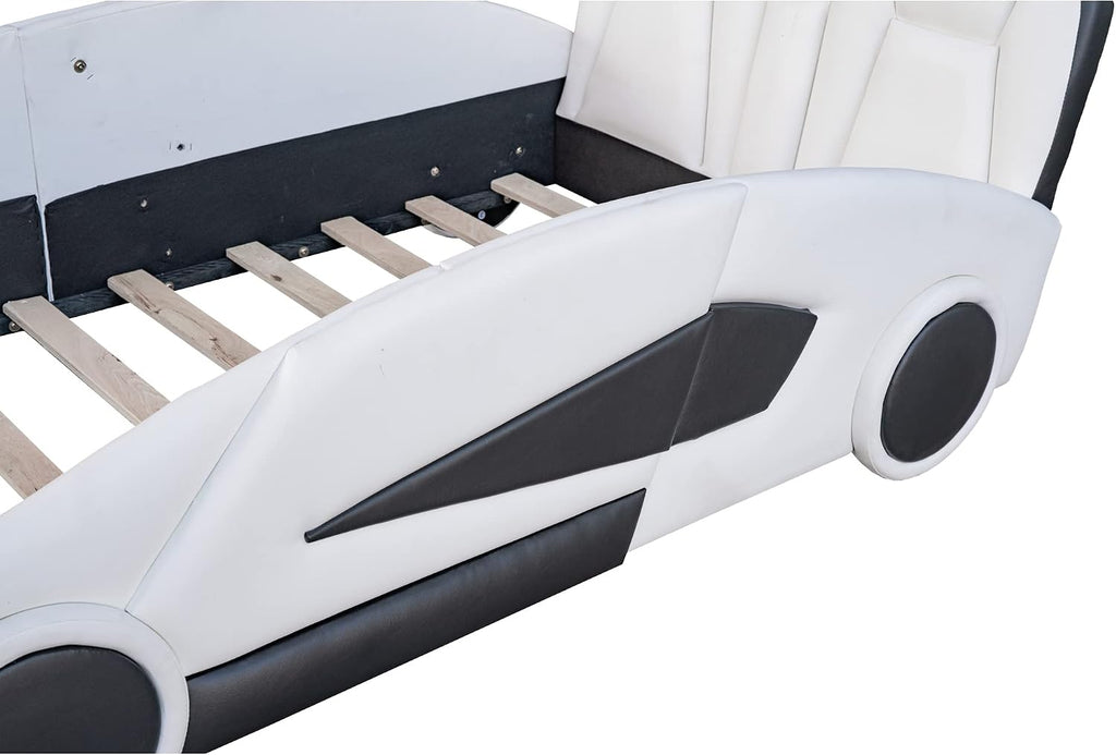 Twin Size Race Car-Shaped Platform Bed with Decorative Wheels and Seat Backrest,Wooden Platform Bed Frame and Wood Slat Support for Kids Teens Boys Girls Bedroom Furniture,White