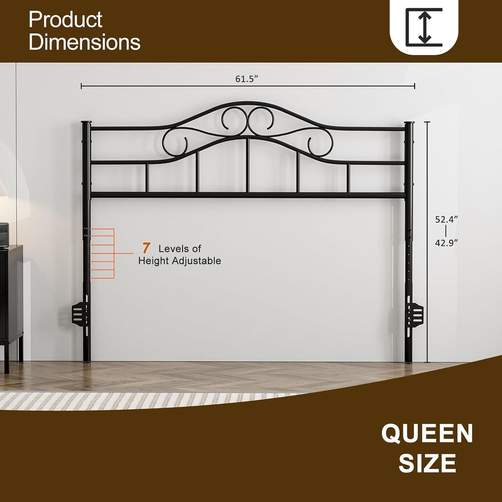 IKIFLY Metal Queen Size Headboard, Adjustable Height, Heavy Duty Steel Curved Queen Headboard Only for Bedroom, Farmhouse Scrollwork Design, Easy Assembly, Attach Frame, Black