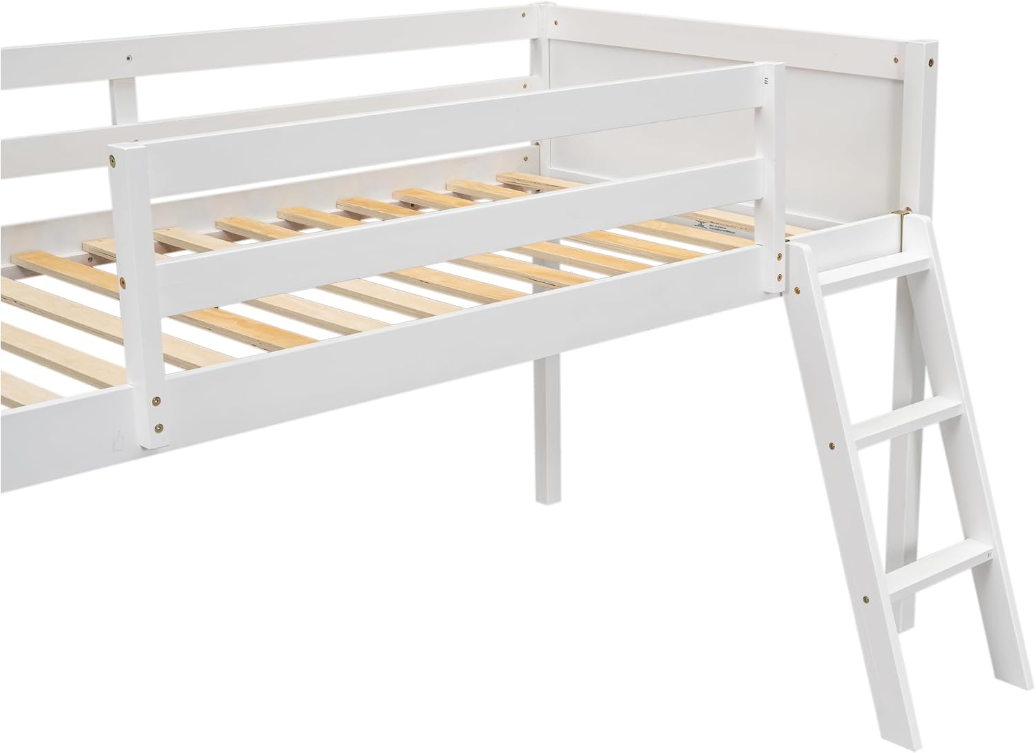 Twin Size Loft Bed, Wood Low Loft Bed with Convertible Ladder, Ladder can be Placed on the Left or Right, Safety Guardrails, Wood Slats Support, No Box Spring Required (White & Convertible Ladder)
