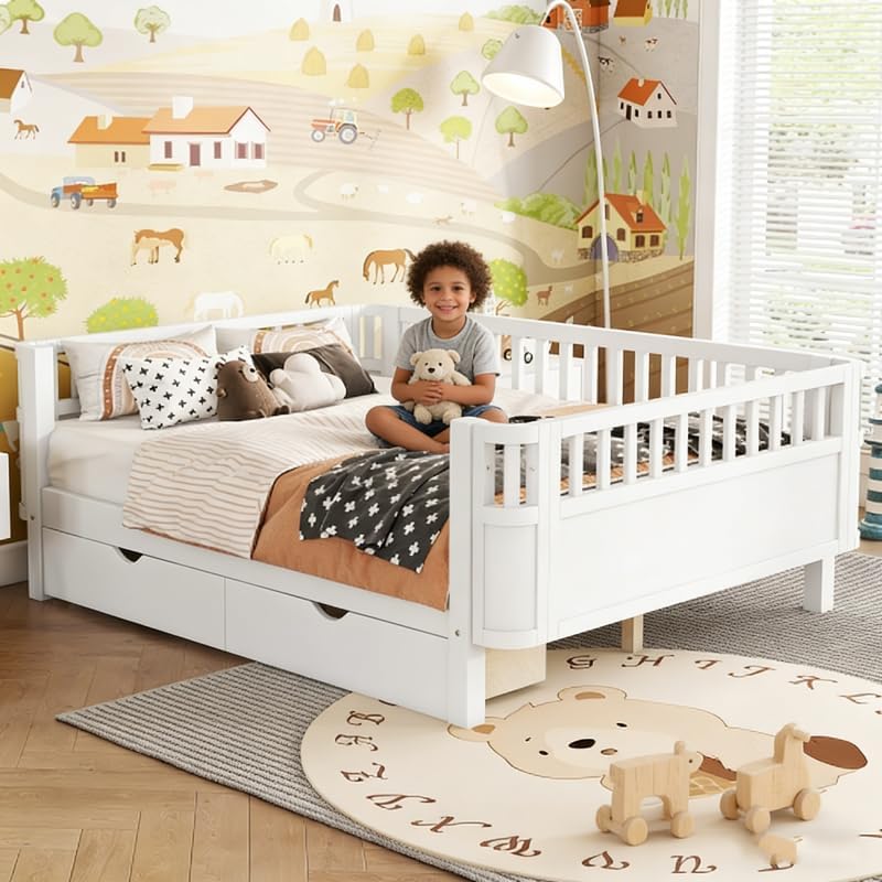 JIJIWANG Full Size Floor Bed with Storage, Montessori Floor Bed with Slats, Detachable Slats for Kids Bedroom, Girls & Boys, No Box Spring Needed, White