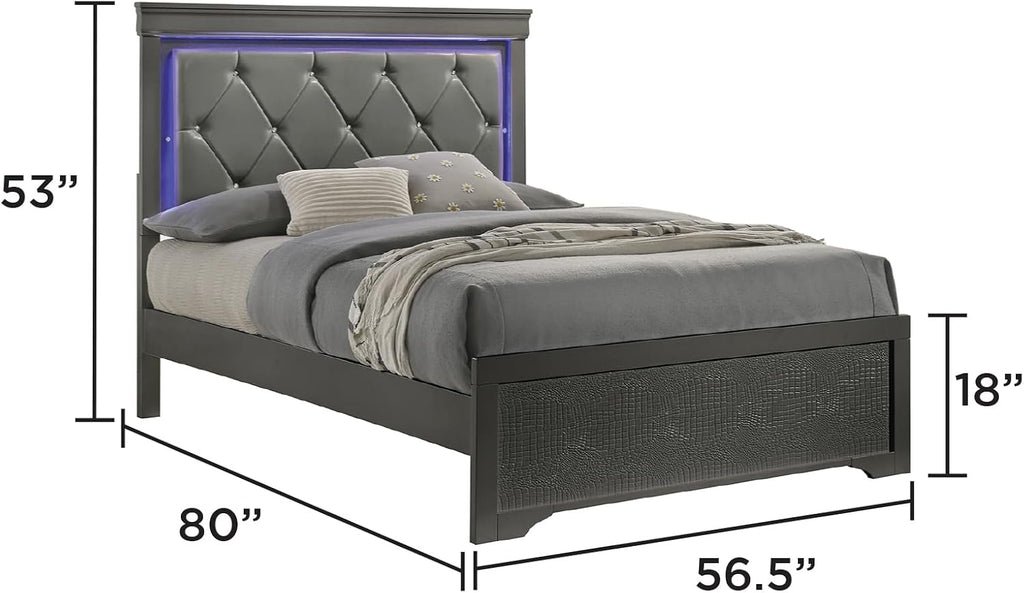Upholstered 4 Pc Full Bedroom Set with LED Headboard Made with Wood in Metallic Gray XC120