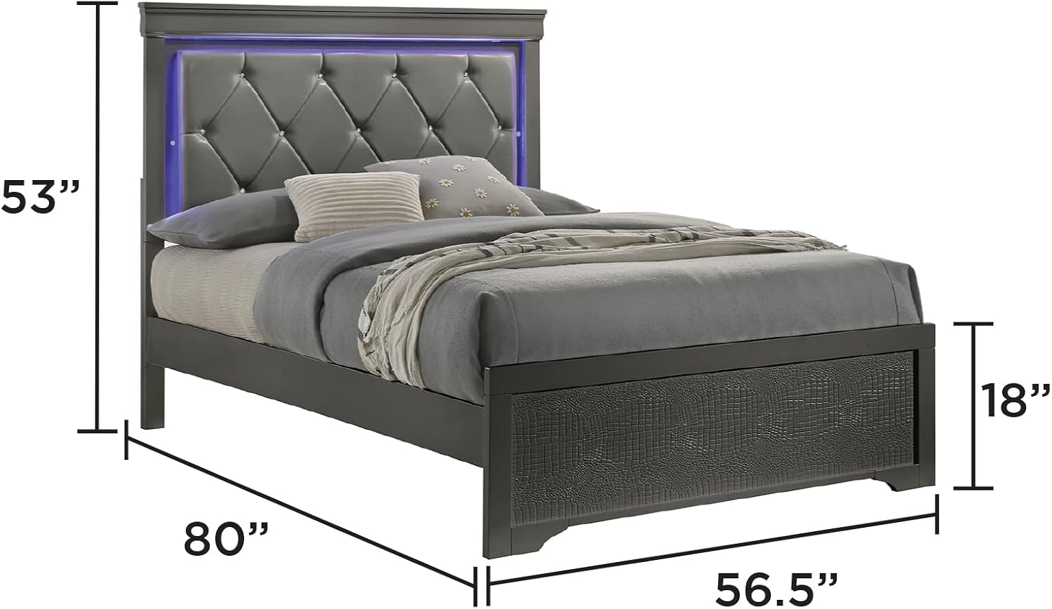 Upholstered 5 Pc Full Bedroom Set with LED Headboard Made with Wood in Metallic Gray KH65