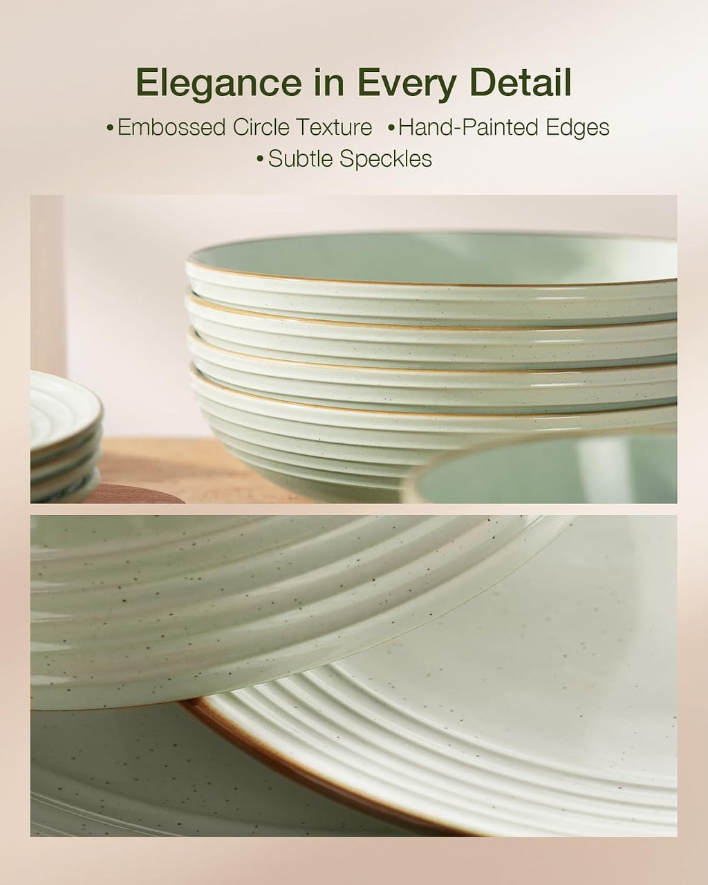 Famiware Jupiter 18-Piece Stoneware Dinnerware Sets for 6 – Handcrafted Plates and Bowls with Speckles & Embossed Swirls, Chip & Scratch Resistant, Modern Rustic Dishes for Daily & Formal Use, Green