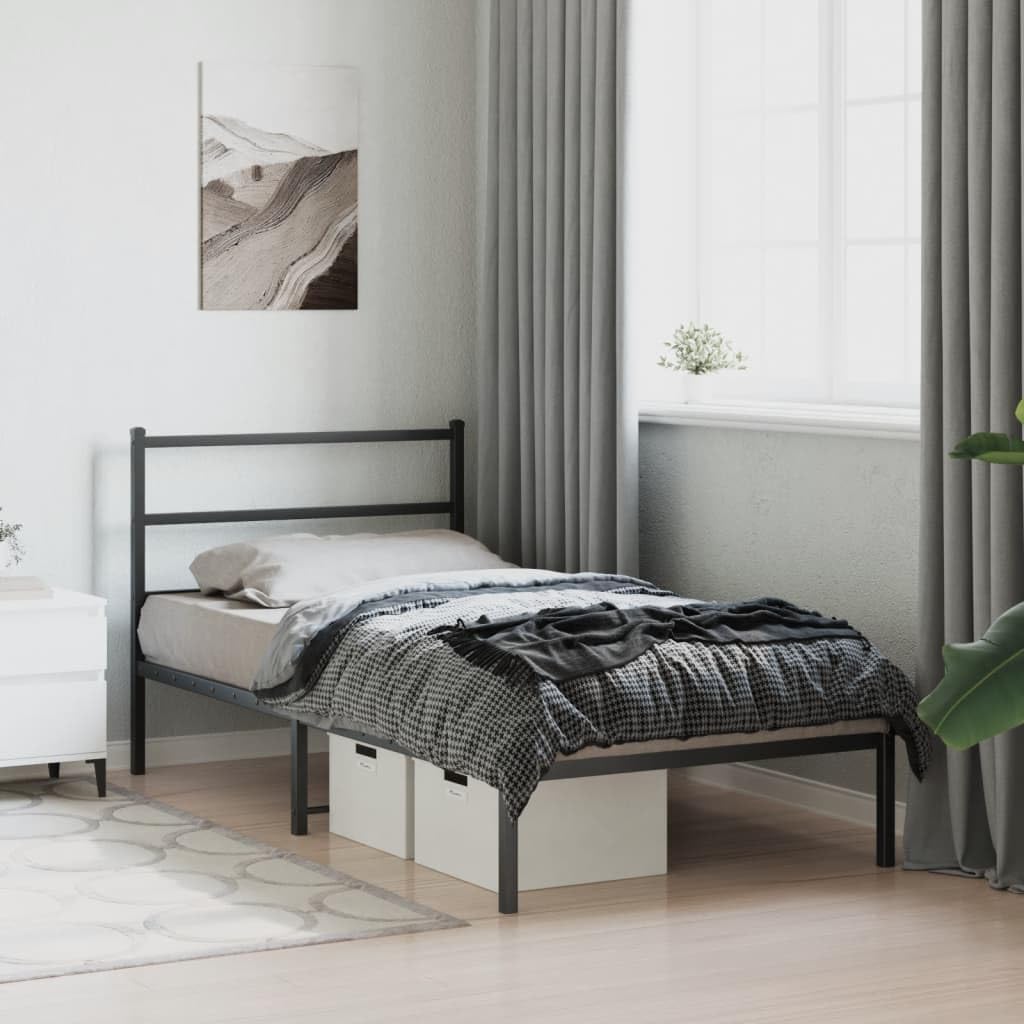 Black Steel Twin Bed Frame with Headboard and Storage, Modern Rectangular Design for Bedroom, Durable Powder-Coated Metal Construction, Easy Assembly Included