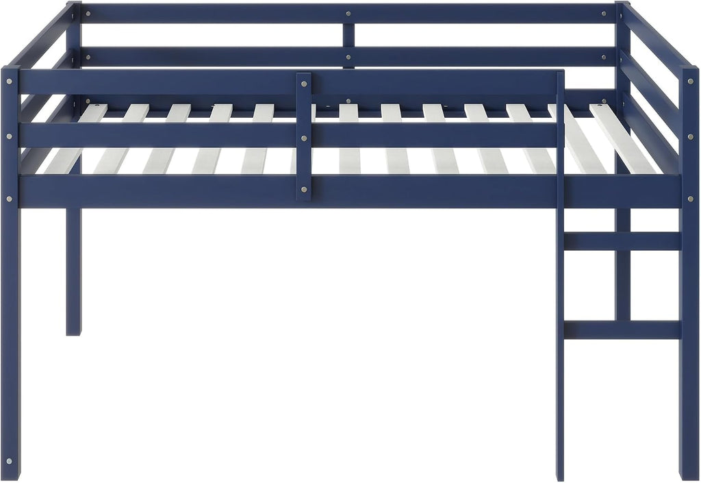 JIVOIT Twin Size Loft Bed with Ladder, Solid Rubber Wooden Low Height Loft Bed, Bed Platform of Strengthened Slats, No Box Spring Needed (Blue//14)