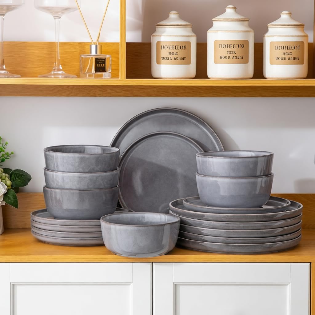 AmorArc Stoneware Dinnerware Sets,Round Reactive Glaze Ceramic Plates and Bowls Sets,Highly Scratch Resistant | Microwave & Dishwasher Safe,Service for 8 Dishes Set (24pc)