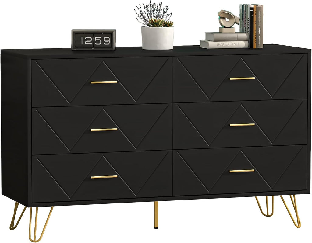 JOZZBY Dresser for Bedroom, 6 Drawer Black Wood Dresser with Gold Handles, Modern Storage Dressers & Chests of Drawers for Hallway, Entryway