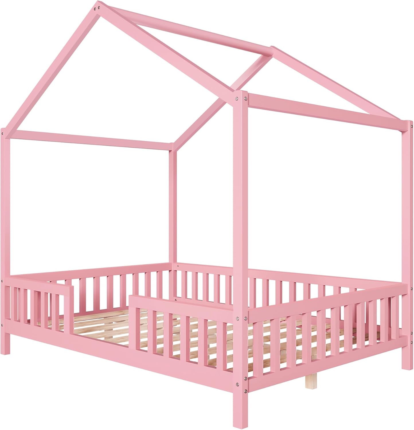 Full Montessori Floor House Bed with High Rails, Wood Kids Low Floor Bed with Roof & Canopy, Montessori Full Kids Bed Frame for Girls, Boys,No Box Spring Needed, Pink