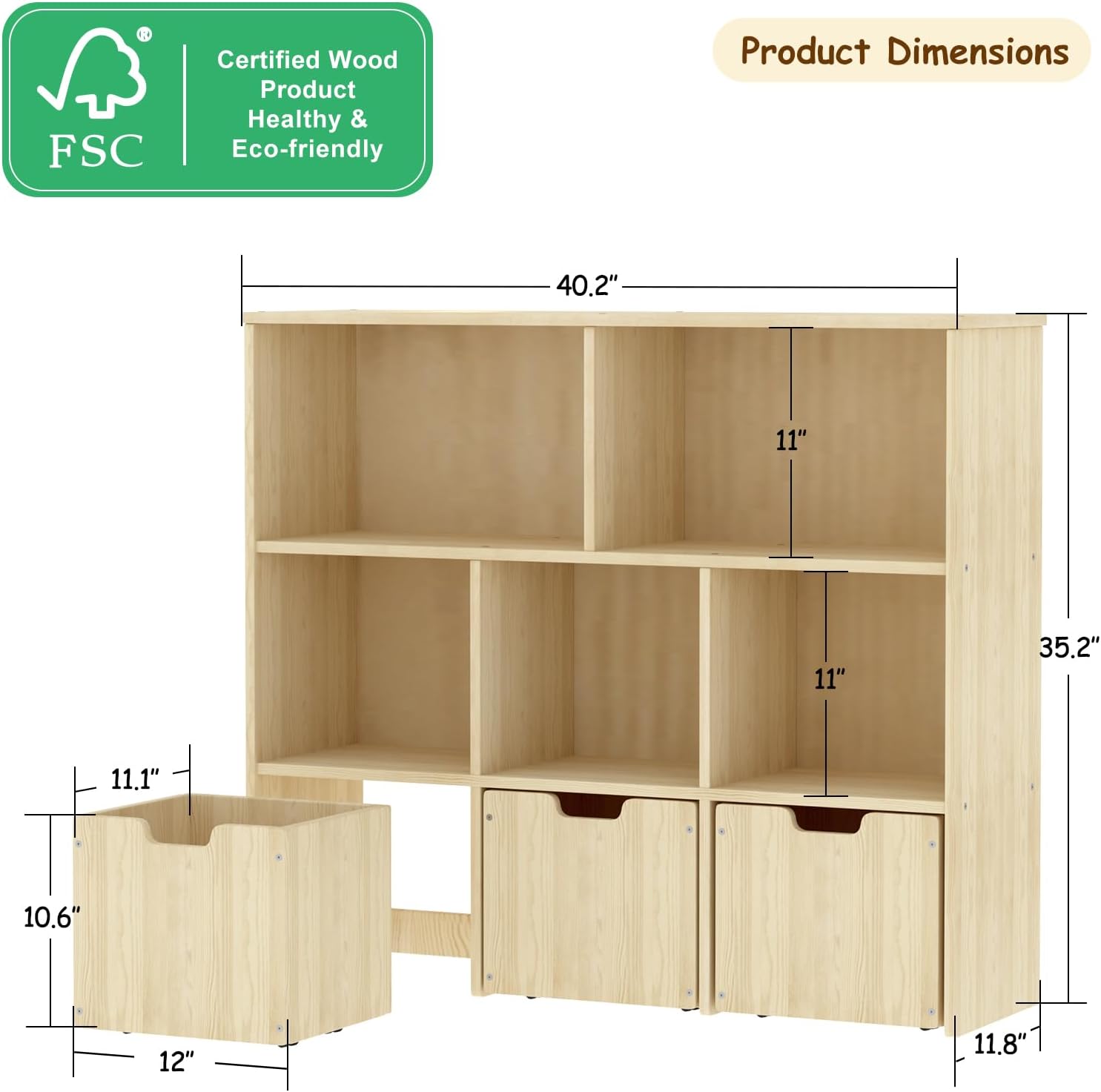 EXPERLAM Solid Pine Wood Toy Storage Organizer, Kids Bookshelf and Toy Organizer with 3 Rolling Drawers, 5 Storage Cubes, Montessori Playroom Storage Cabinet, Burlywood