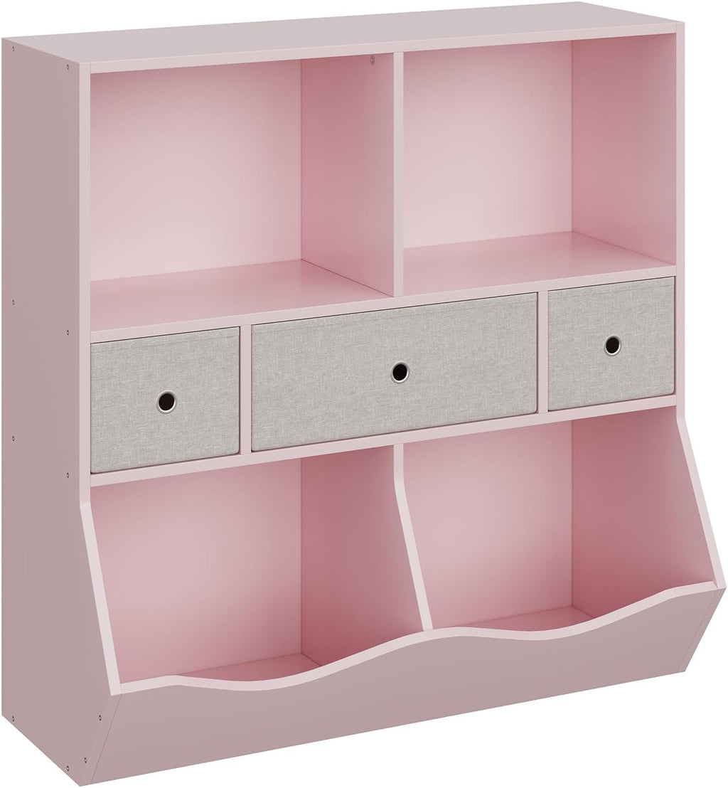 Kids Bookshelf with Toy Storage and Drawers, Multi-Shelf Bookcase with Cubby Organizer Cabinet for Boys & Girls, Storage Unit for Playroom, Bedroom, Hallway-Pink