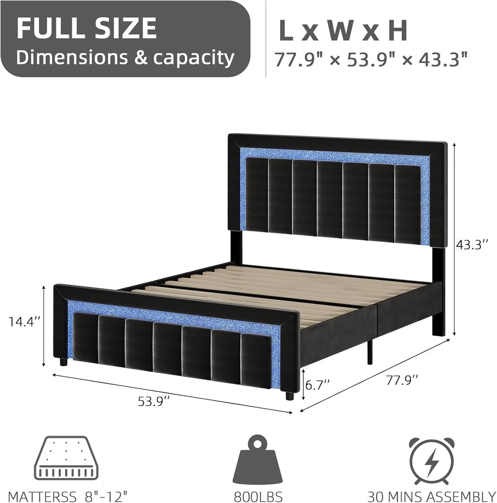 HOMBCK Full Size Bed Frame with LED Lights and Velvet Upholstered Adjustable Headboard, Bed Frame Full with Diamond Headboard & Footboard, Wood Slats Support, Noise Free, No Box Spring Needed, Black