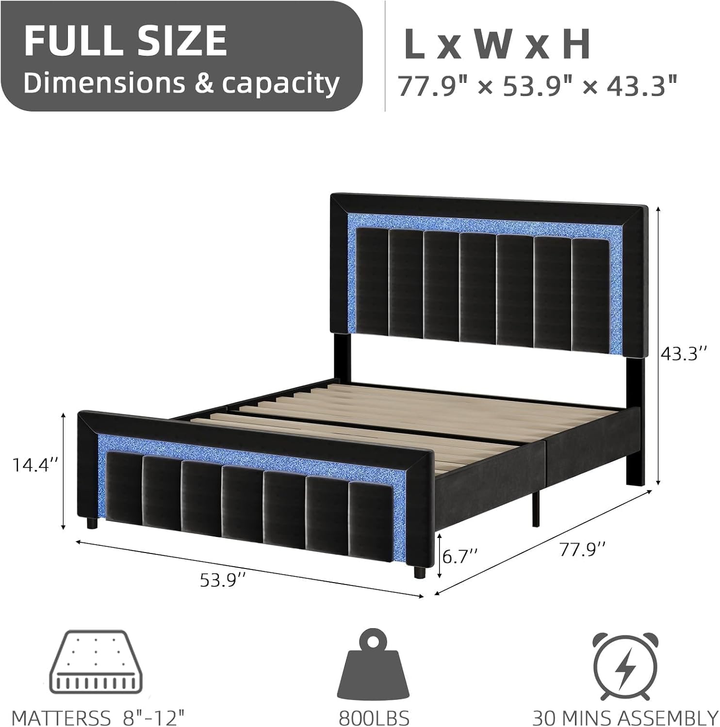 HOMBCK Full Size Bed Frame with LED Lights and Velvet Upholstered Adjustable Headboard, Bed Frame Full with Diamond Headboard & Footboard, Wood Slats Support, Noise Free, No Box Spring Needed, Black