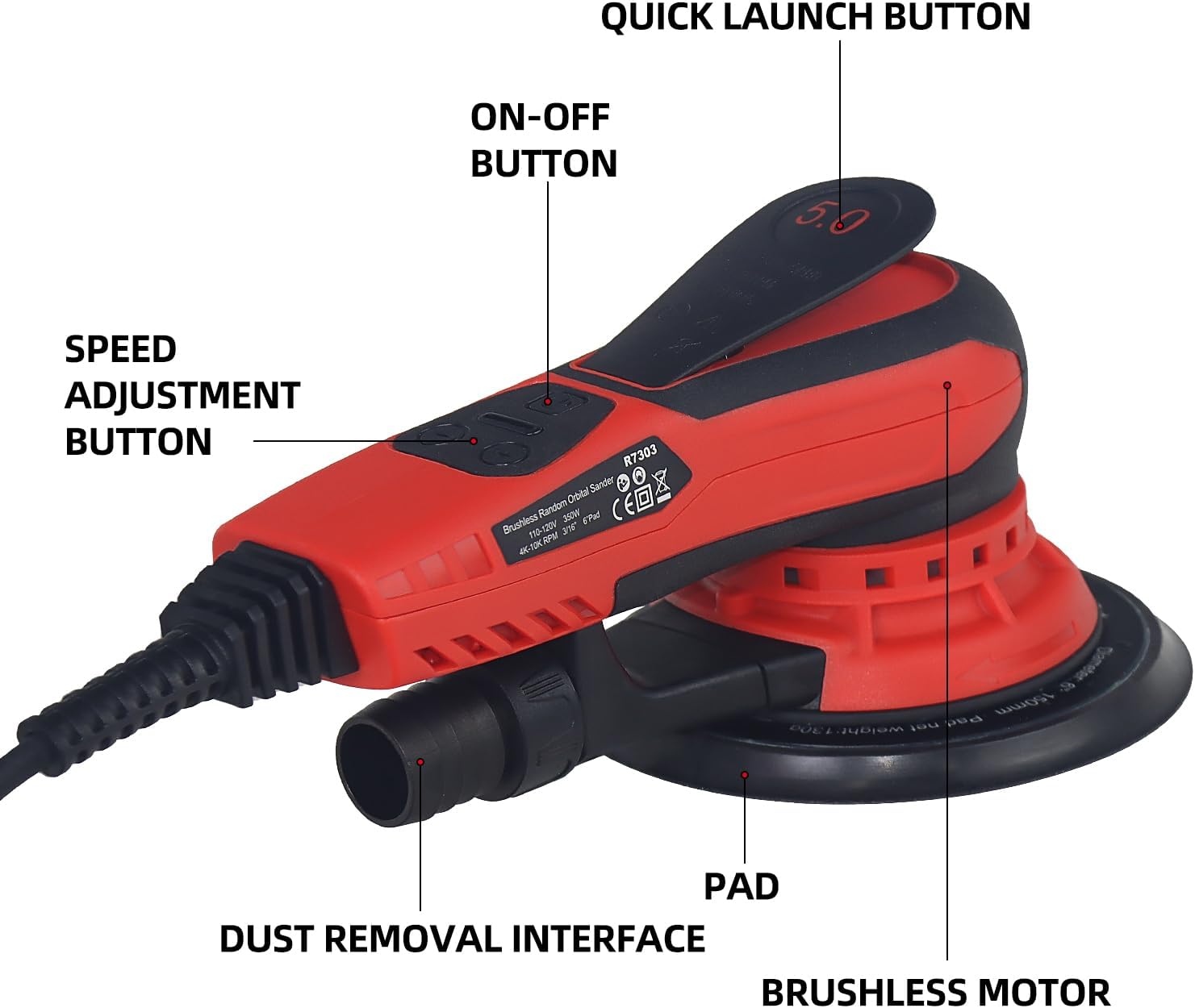 Random Orbital Sander Brushless 350W 3A Multi-function Variable Speed Electric Corded Orbital Sanders Machine for Woodworking, car，Drywall Sanding, Polishing，Random Color