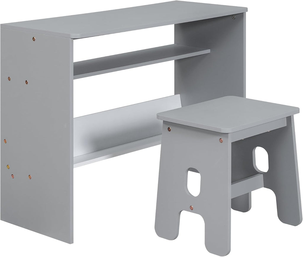 Functional Design Twin Size Platform Bed Daybed with 2 Drawers and 1 Chair&Desk Set, Solid Wood Daybed Frame with Full-Length Guardrails for Kids Boys Girls, Sturdy Slat Support (Gray+White)