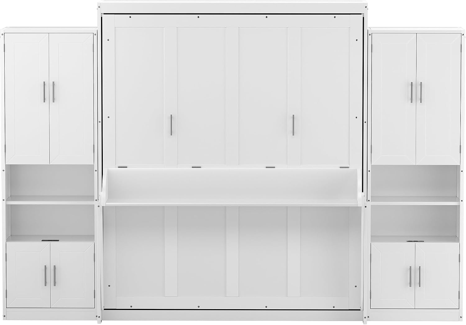 PVWIIK Queen Size Murphy Bed with Storage Drawers & Desk,Wall Bed Frame Folding into Cabinet Design w/Charging Station & Storage Shelf for Small Space,Bedroom,Guest Room,White