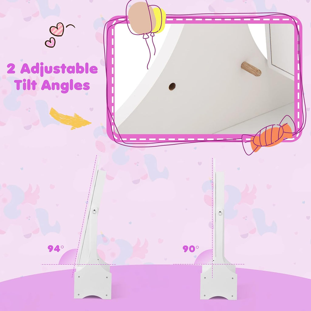 GLACER Kids Vanity & Kids Jewelry Armoire, Princess Little Girls Vanity, Standing Children Jewelry Organizer w/Full-Length Mirror & Foldable Drawers, Adjustable Angles, Kids Bedroom Set (White)