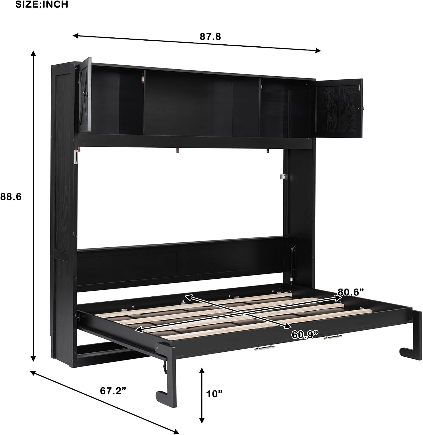 Harper & Bright Designs Queen Size Murphy Bed, Wood Hidden Foldable Wall Bed Frame with Storage Cabinet for Bedroom, Office, Space-Saving, Black