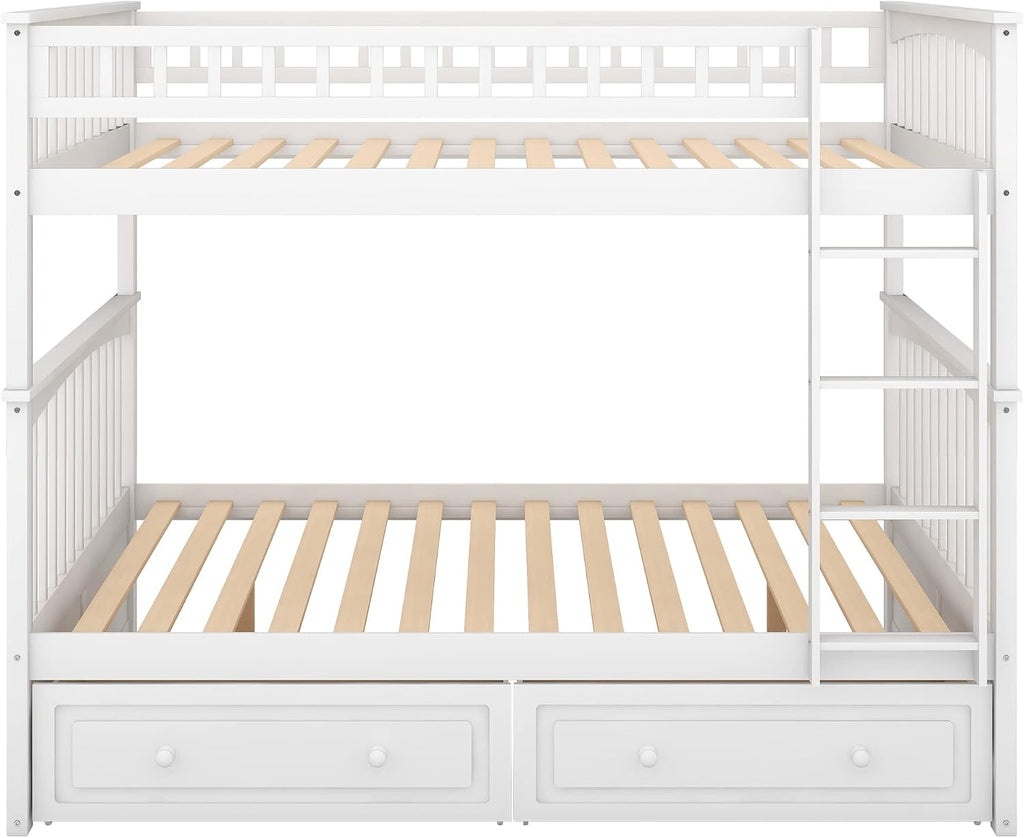 Full Over Full Wood Bunk Bed with Two Storage Drawers, Solid Wood Convertible Storage Bunk Bed Can Be Convertible to 2 Beds, Frame with Ladder, Safety Rail for Teens Adults (Gray)