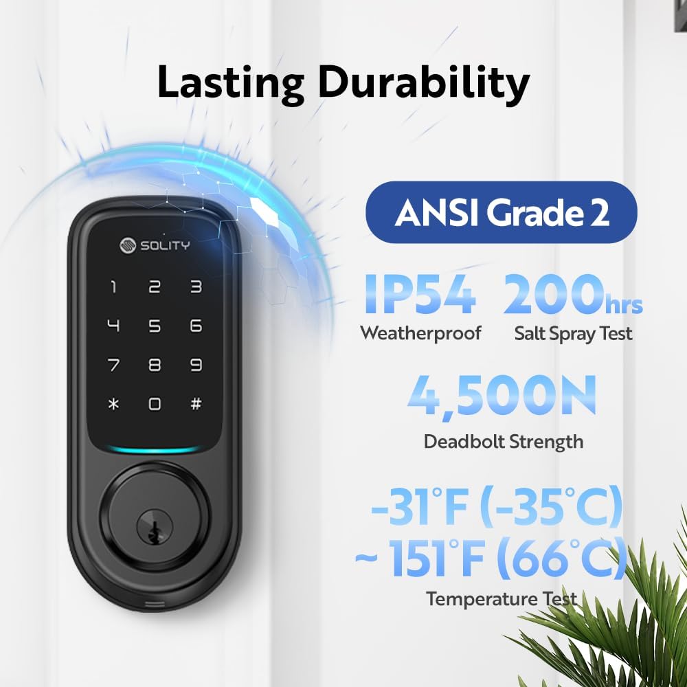 Solity No-Hub Smart Digital Door Lock, Designed in Korea, Keyless Entry, Wi-Fi, Remote Control, Touchscreen Keypad, Auto Lock, IP54 Waterproof, Matt Black GT10K