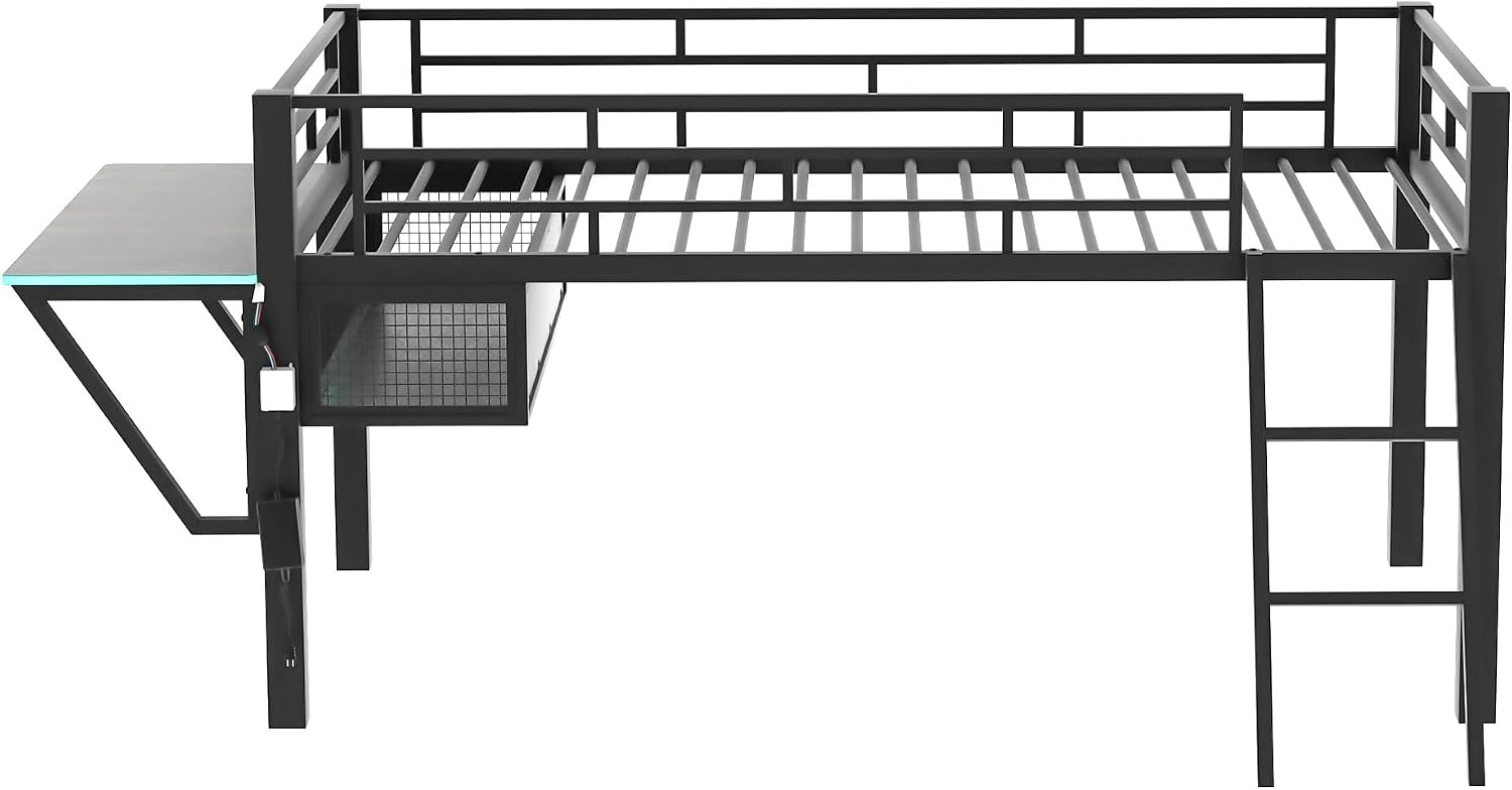 Twin Size Mid Metal Loft Gaming Bed with Desk and LED Lights, Modern Steel Loft Bed Frame with Inclined Ladder and Safety Guardrail for Kids Teens Girls Boys, No Box Spring Needed (Black-08, Twin)