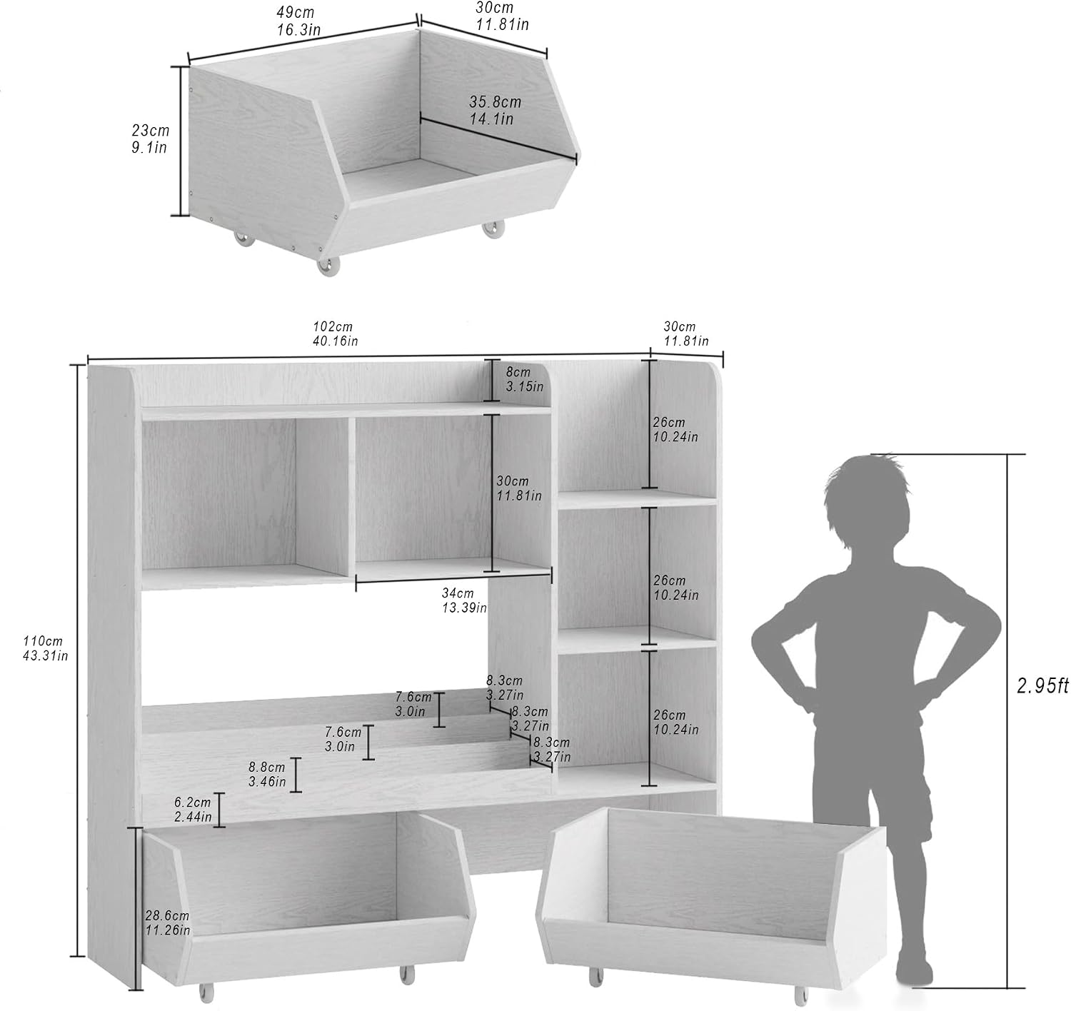 ZOPEND Kids Bookshelf and Toy Storage Organizer with 2 Rolling Bins, 5-Tier Open Wooden Bookcase for Children's Bedroom Playroom Nursery, Montessori Toddler Book Shelf with Display Rack, White