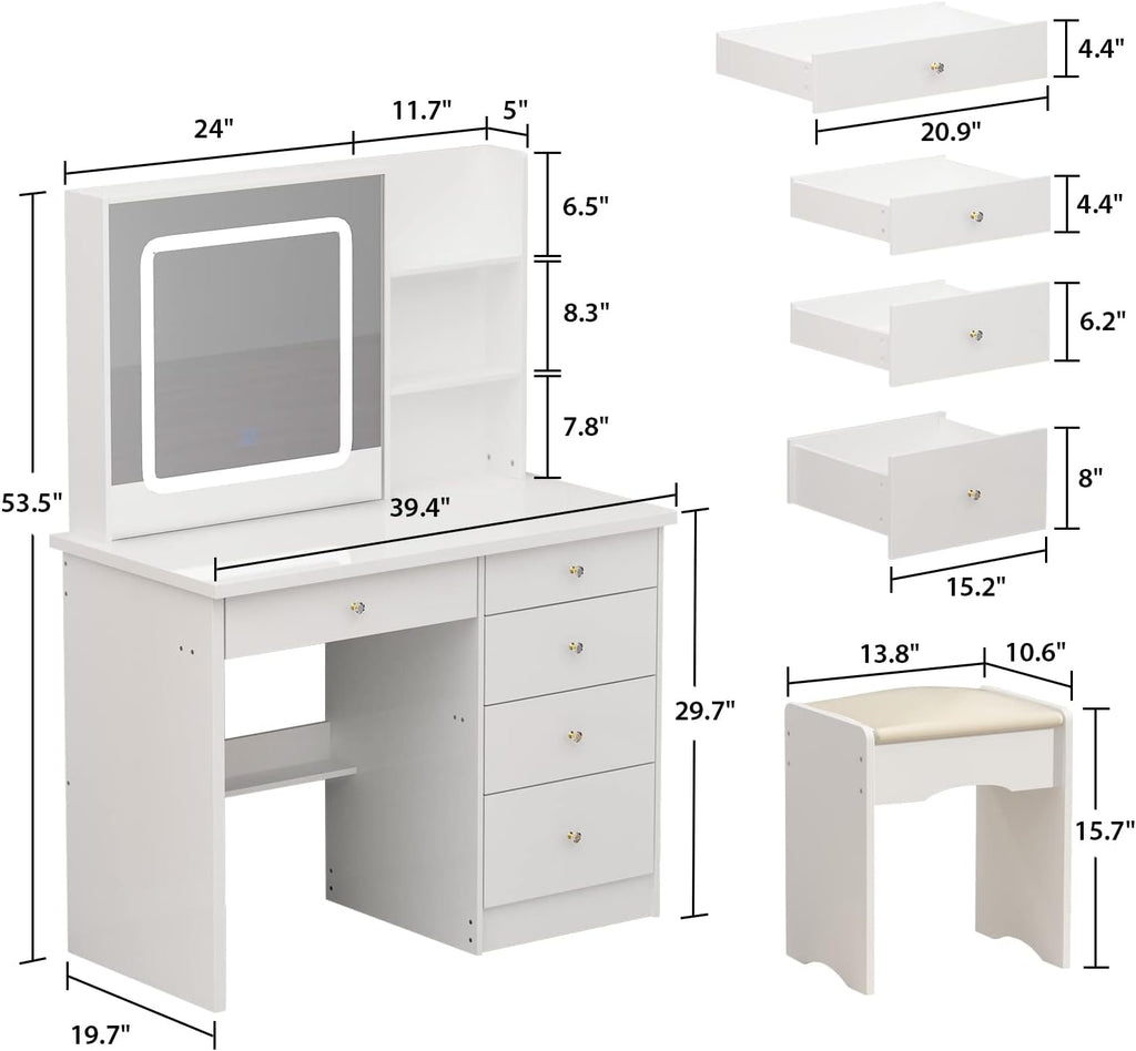 Vanity Desk Set with Lighted Mirror, Makeup Vanity with Drawer & Shelf, Dressing Table with Cushion Stool, Vanity Set for Bedroom, White