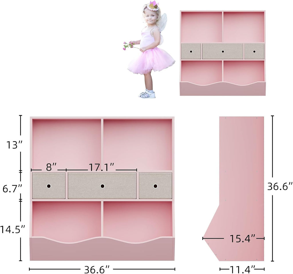 Kids Bookshelf with Toy Storage and Drawers, Multi-Shelf Bookcase with Cubby Organizer Cabinet for Boys & Girls, Storage Unit for Playroom, Bedroom, Hallway-Pink