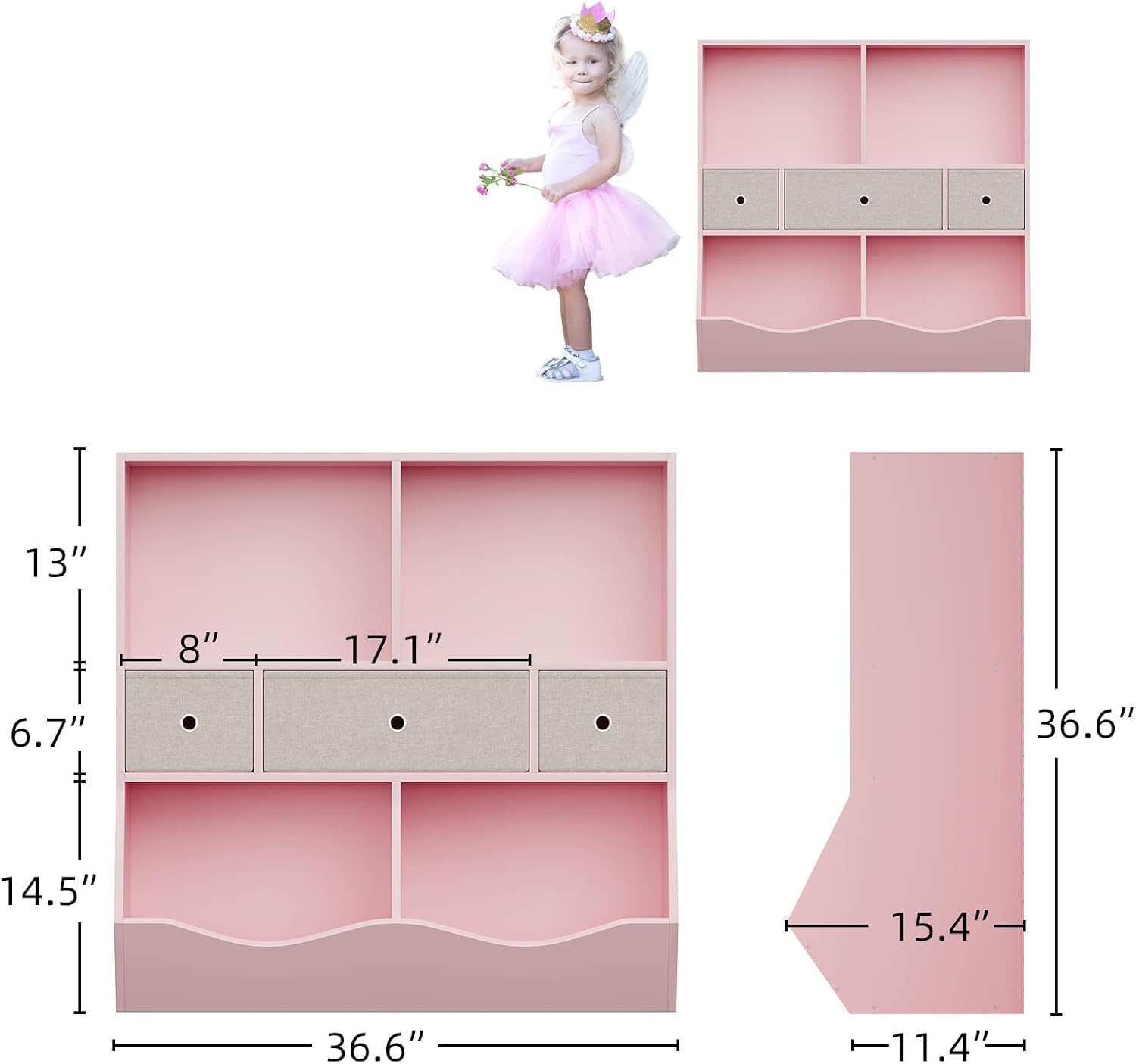 Kids Bookshelf with Toy Storage and Drawers, Multi-Shelf Bookcase with Cubby Organizer Cabinet for Boys & Girls, Storage Unit for Playroom, Bedroom, Hallway-Pink