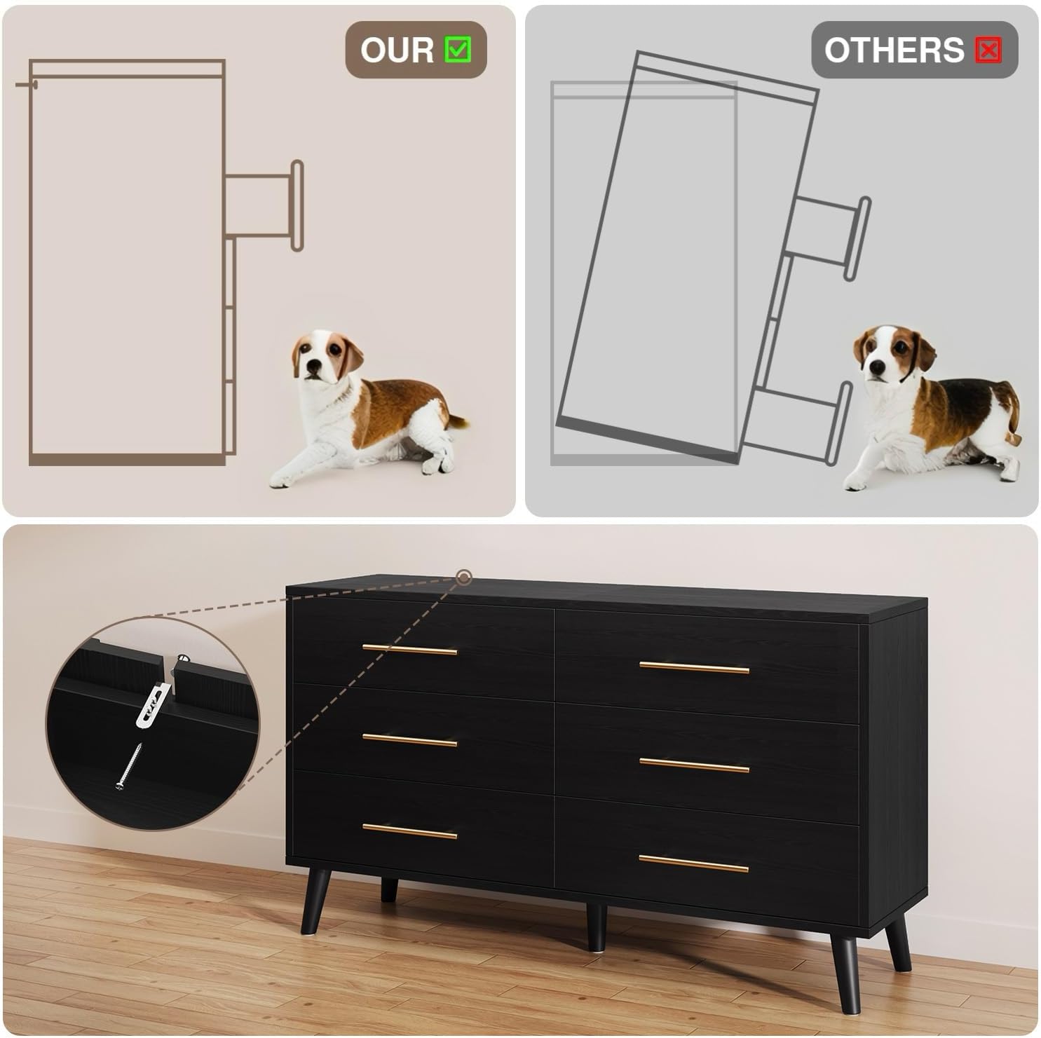 Ahomly 6 Drawer Dresser for Bedroom, Modern Dresser with Anti-Tip Kit, Ample Storage & Silent Gliding Slides, Wooden Chest of Drawers for Living Room, Entryway, Nursery, Black