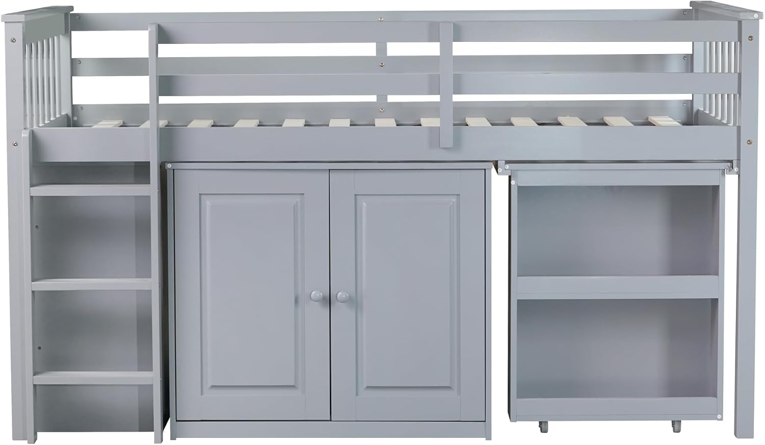 JIVOIT Twin Size Low Loft Bed, Multifunctional Loft Bed with Pulling-Out Desk, Storage Cabinet, Drawer and Shelf Cabinet, Rubber Wood Loft Bed with Safety Guardrail, Ladder, Easy Assembly (Grey/262)