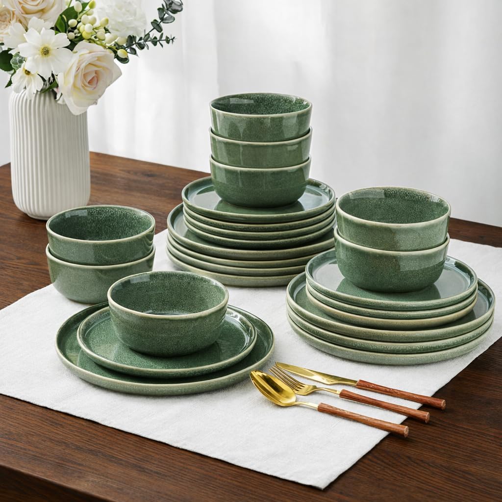 AmorArc Stoneware Dinnerware Sets,Round Reactive Glaze Ceramic Plates and Bowls Sets,Highly Scrath Resistant | Dishwasher & Microwave Safe,Service for 8 Dishes Set (24pc)