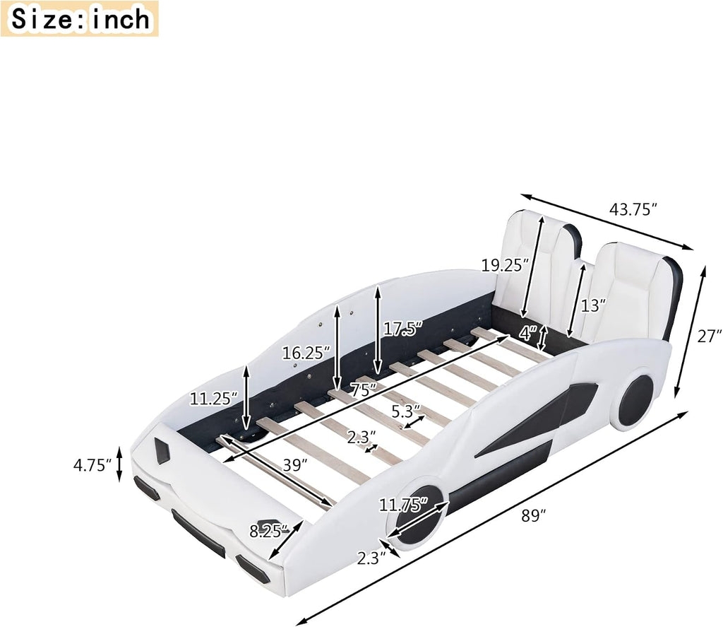 Twin Size Race Car-Shaped Platform Bed with Decorative Wheels and Seat Backrest,Wooden Platform Bed Frame and Wood Slat Support for Kids Teens Boys Girls Bedroom Furniture,White