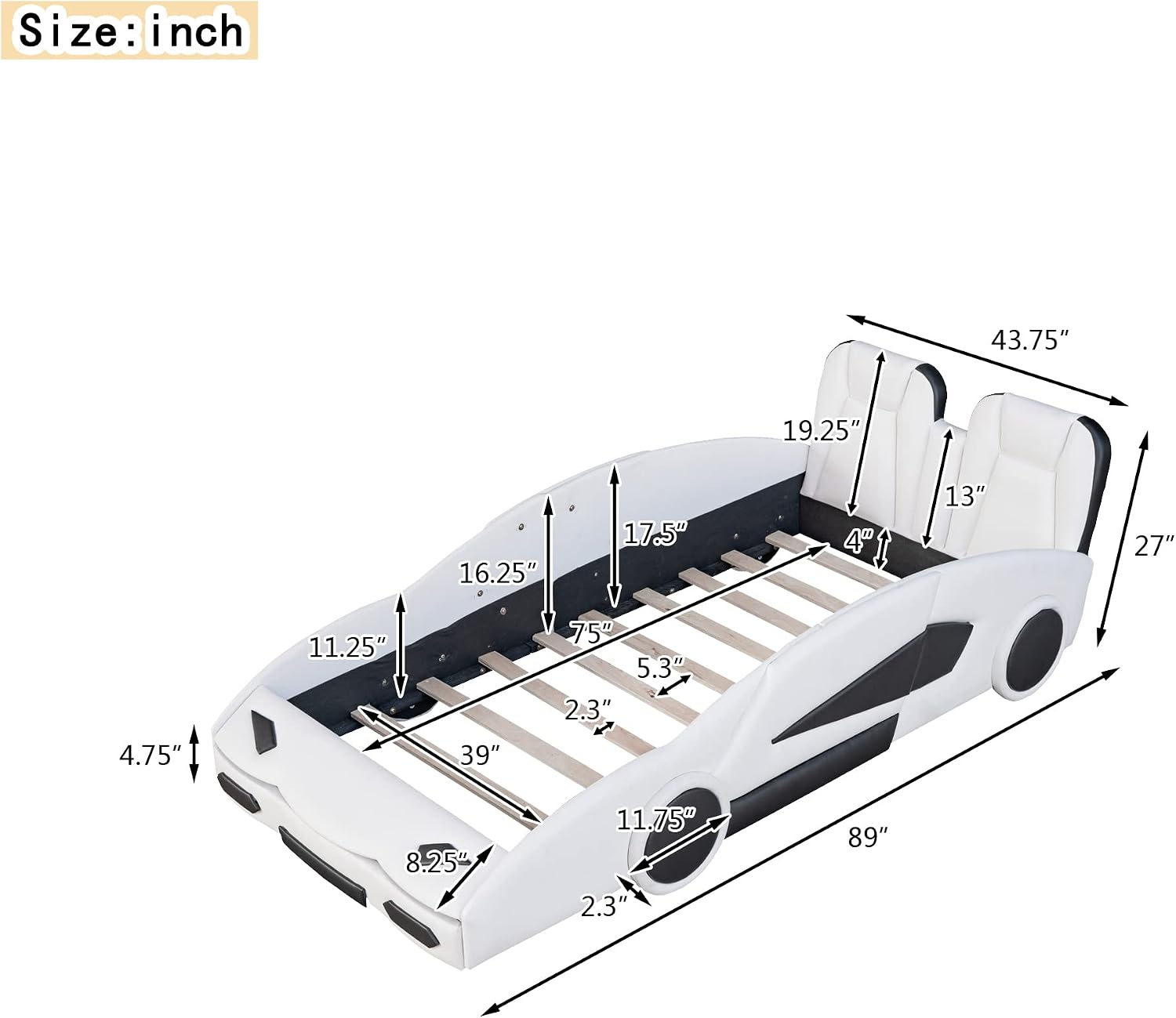 Twin Size Race Car-Shaped Platform Bed with Decorative Wheels and Seat Backrest,Wooden Platform Bed Frame and Wood Slat Support for Kids Teens Boys Girls Bedroom Furniture,White
