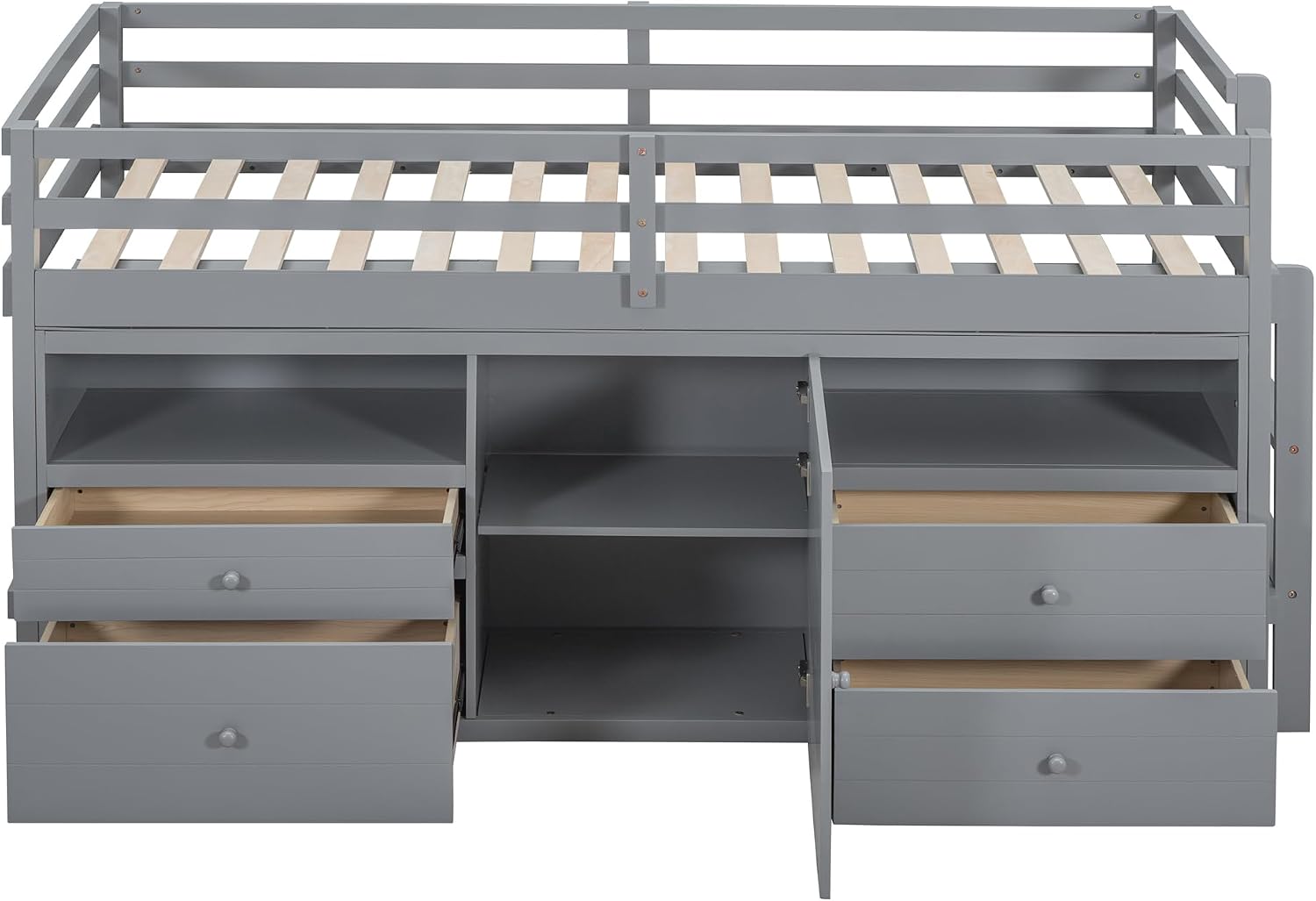 JIVOIT Twin Size Loft Bed with 4 Drawers, Underneath Cabinet and Shelves, Muti-Functional Loft Bed with Full-Length Guardrails and Ladder, Space-Saving Low Loft Bed for Kids Teens (Gray & 4 Drawers)