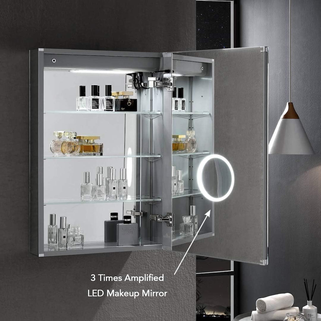 Blossom LED Lighted Mirror Medicine Cabinet, 24x32 Inch, Right Hinge, Recessed/Surface Bathroom LED Medicine Cabinet with Mirror, Defogger, Adjustable Brightness, 3X Makeup Mirror, Outlets & USB Ports