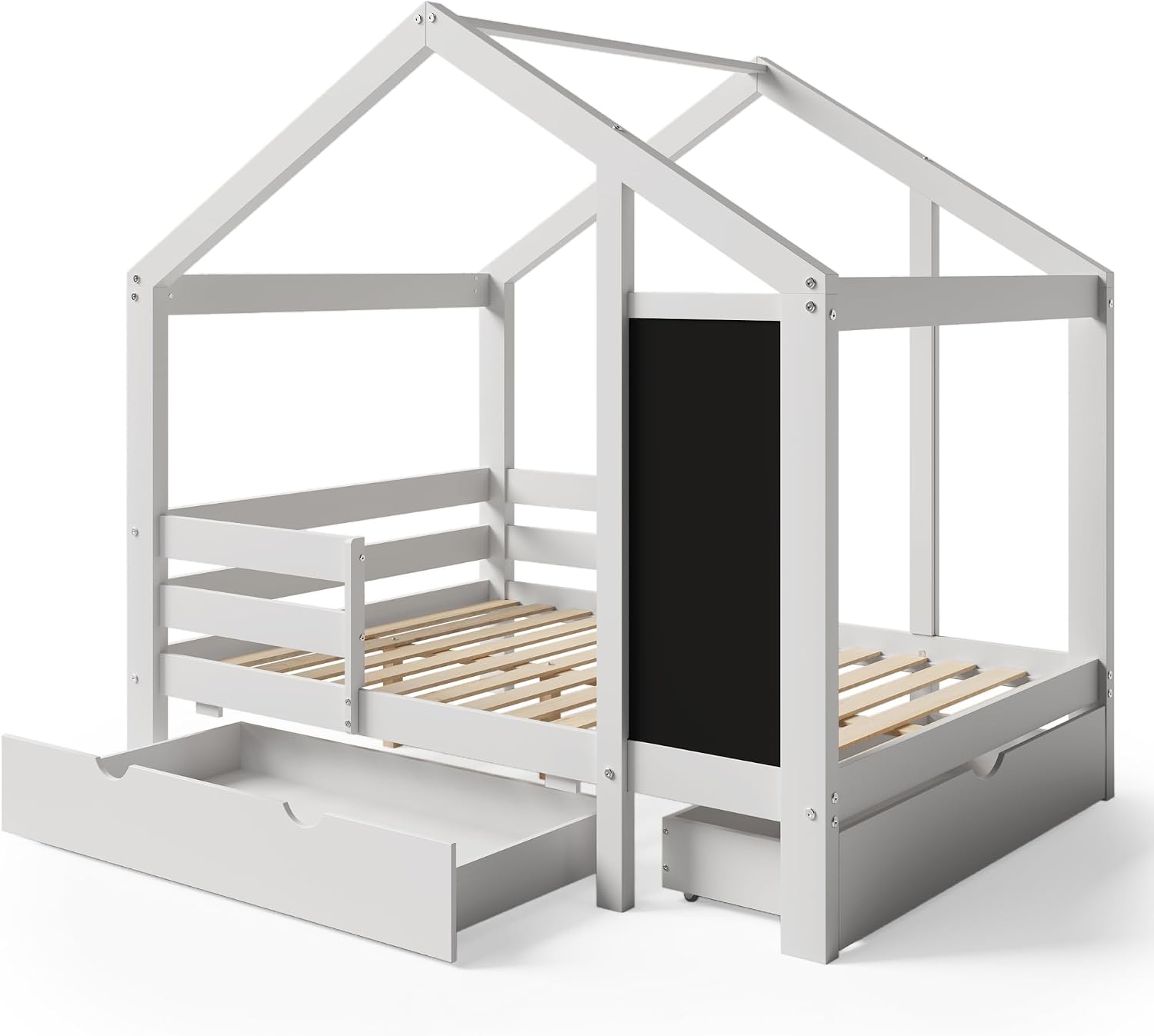 Kids Full House Bed Frame with Blackboard and Storage Drawers, Full-Length Guardrails & Wooden Slats Support,Two Assembly Options for Easy Fun Bedroom Setup for Kids Boys Girls (White, Full)