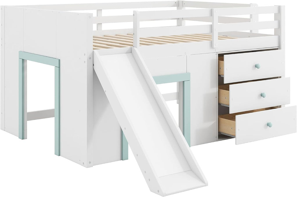 JIVOIT Wooden Low Loft Bed with Slide, Full Size Loft Bed with Three Storage Drawers and Two Doors, Wood Slat Support, No Box Spring Required