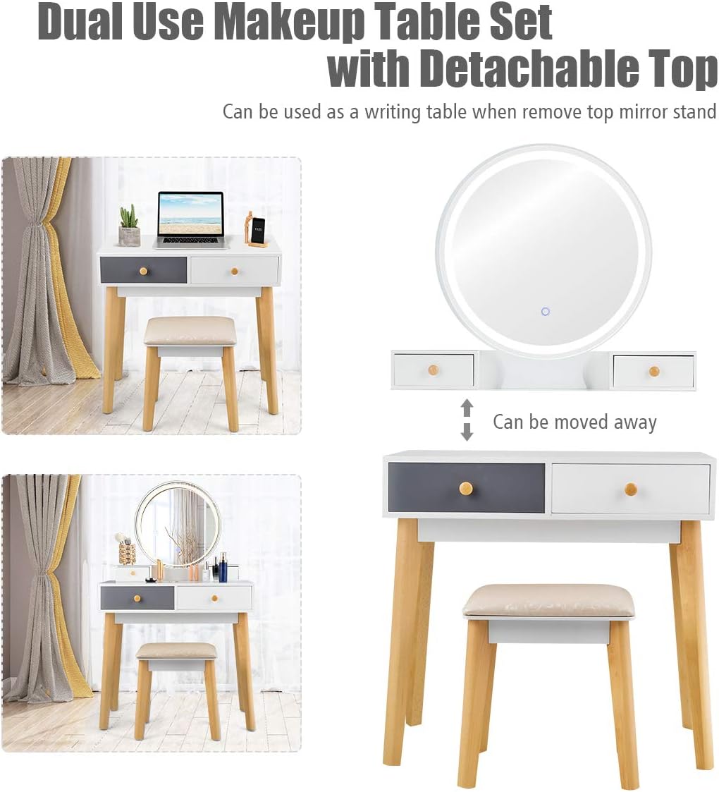 CHARMAID Vanity Set with Lighted Mirror, 3 Color Touch Screen Dimming Mirror, Adjustable Brightness, Bedroom Makeup Dressing Table with 4 Drawers and Cushioned Stool for Girls Women, White & Gray